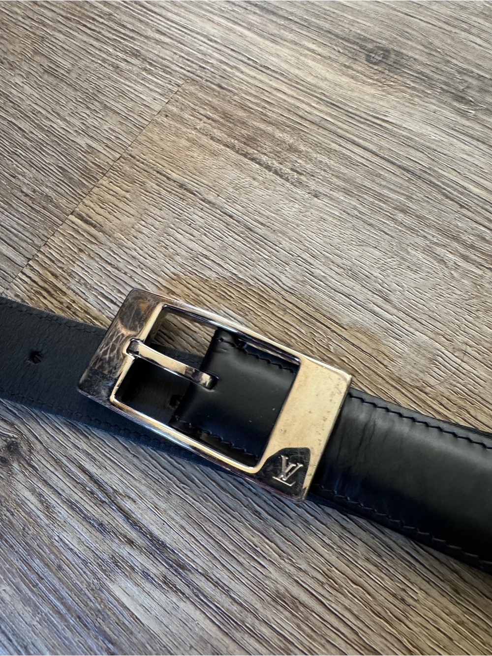 Black Leather Belt with Gold-Tone Buckle